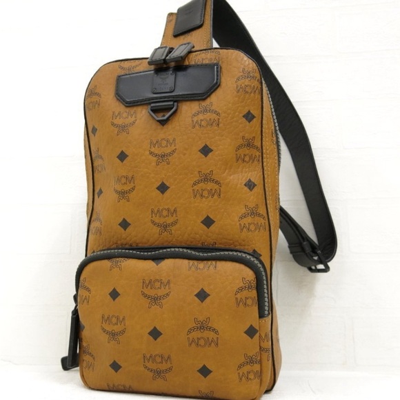 MCM Visetos PVC Calf Leather Genuine Leather Body Shoulder Bag Camel Black - Picture 1 of 10